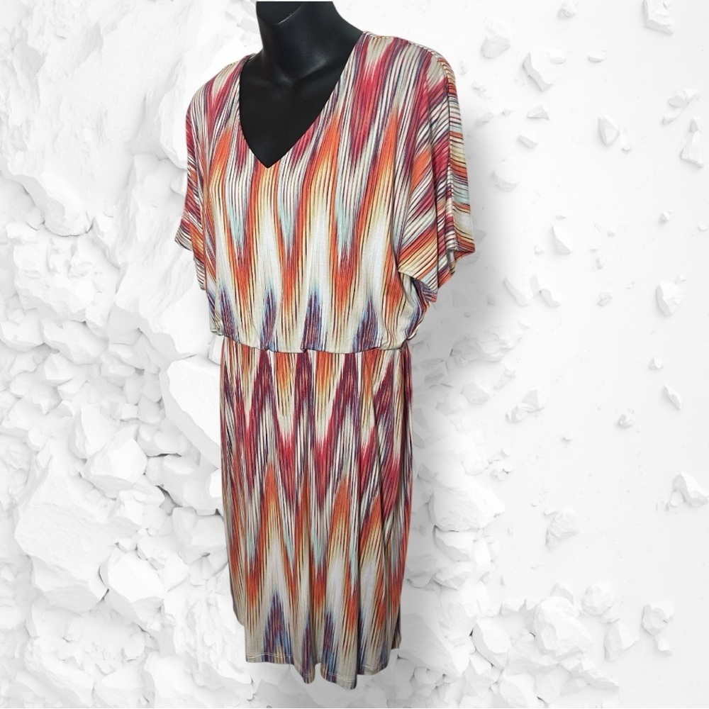 Chico’s NWT Ikat Print Multicolor Short Sleeve Dress Size Medium(Chico’s Size 1) - Picture 4 of 15